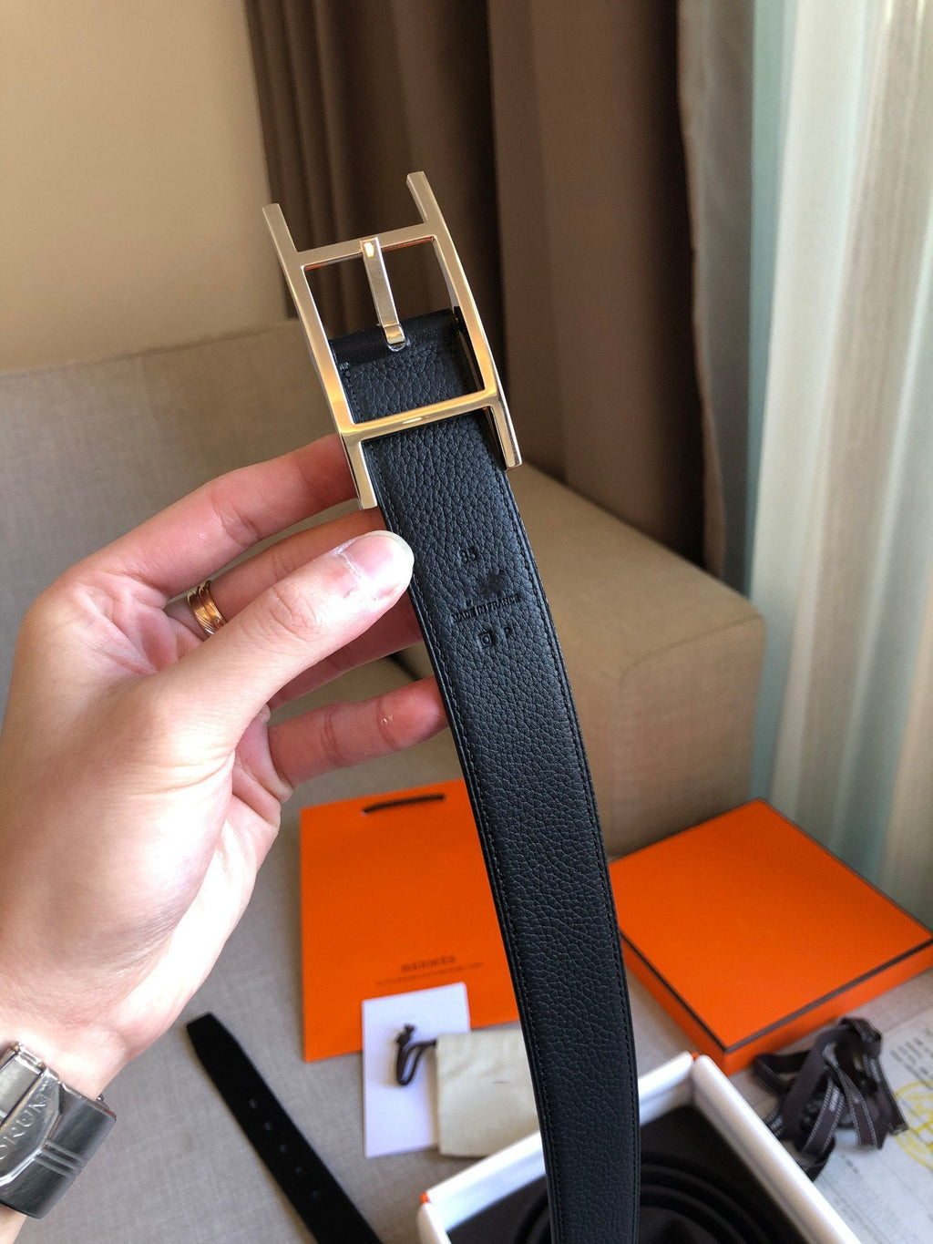 H BELT SILVER BLACK LEATHER REVERSIBLE 3.2CM