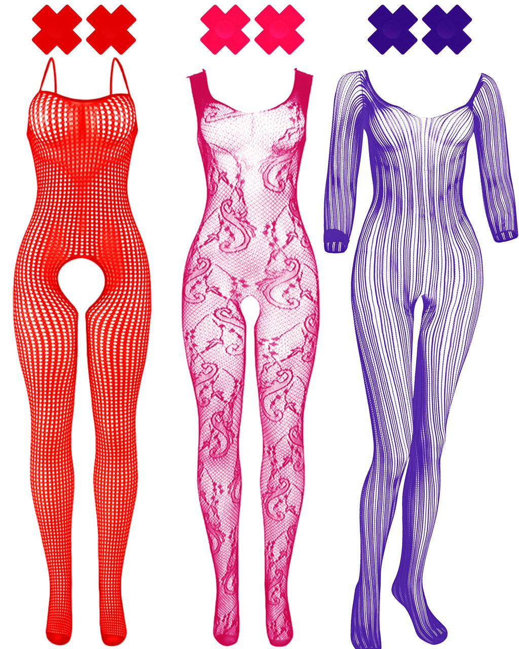 Tisancy 3 Pcs Womens Fishnet Lingerie Plus Size Mesh Bodysuit Lingerie for Women X Shape Nipple Covers (RedRose RedPurple)