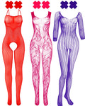 Tisancy 3 Pcs Womens Fishnet Lingerie Plus Size Mesh Bodysuit Lingerie for Women X Shape Nipple Covers (RedRose RedPurple)
