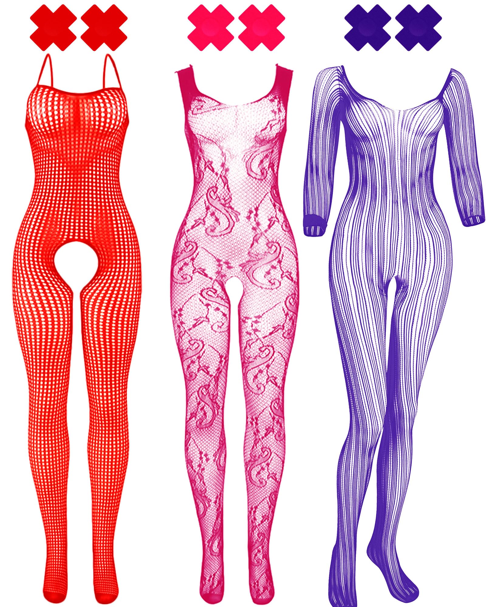 Tisancy 3 Pcs Womens Fishnet Lingerie Plus Size Mesh Bodysuit Lingerie for Women X Shape Nipple Covers (RedRose RedPurple)
