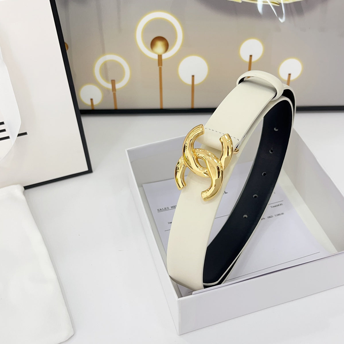 DOUBLE C BELT 30MM IN WHITE CALFSKIN WITH SHINY GOLD BUCKLE