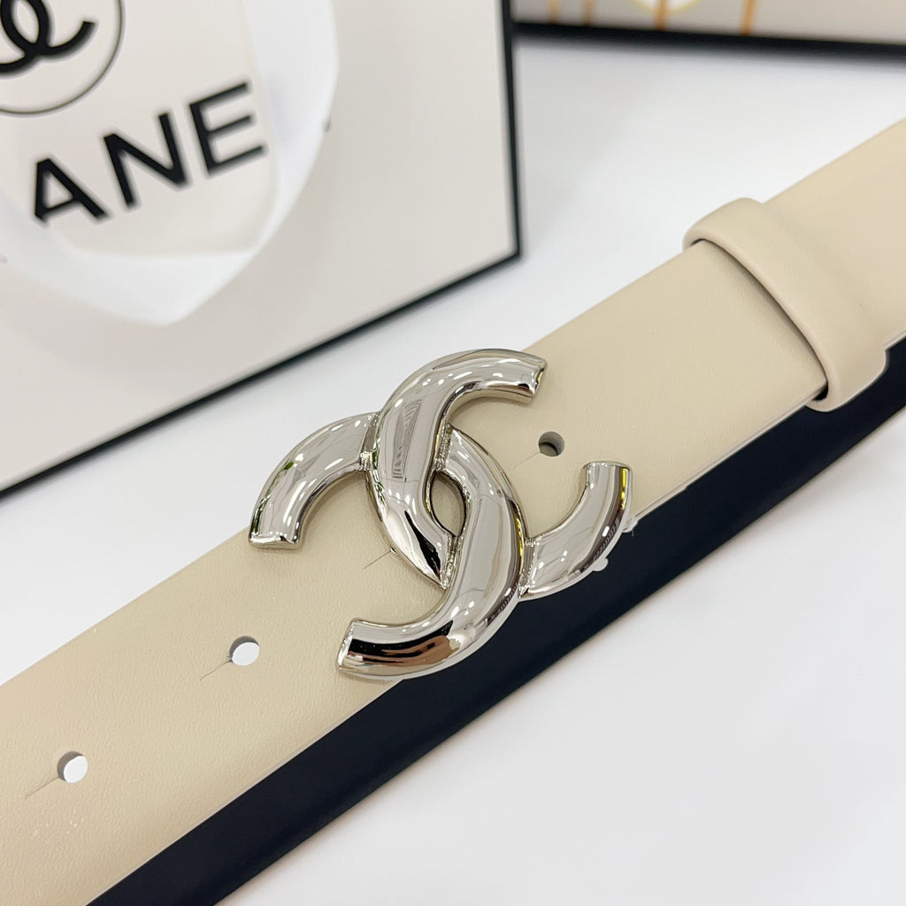 DOUBLE C BELT 30MM IN BEIGE CALFSKIN WITH SHINY SILVER BUCKLE